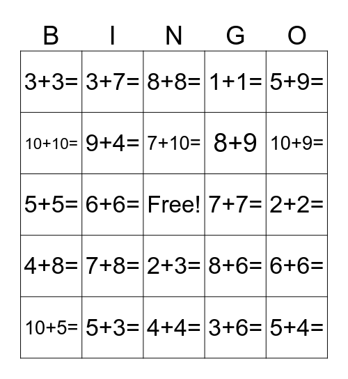 Addition Math Facts up to 20 Bingo Card