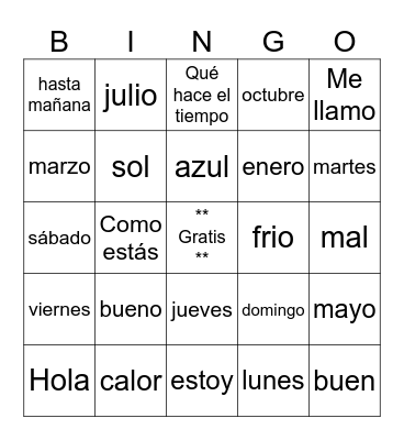 Grade 7 Spanish ALL Bingo Card