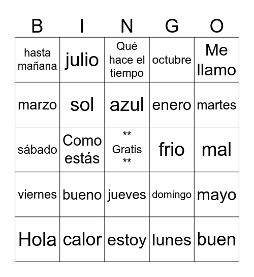 Grade 7 Spanish ALL Bingo Card