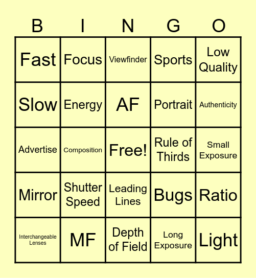 Photography Basics Bingo Card