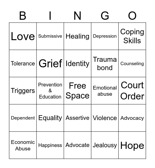 Domestic Violence Bingo Card