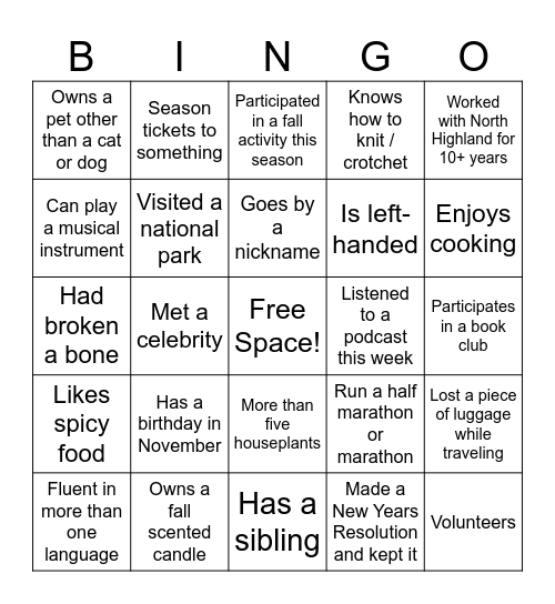 DCH Account All Hands Call - Team Fun Facts / Interests Bingo Card