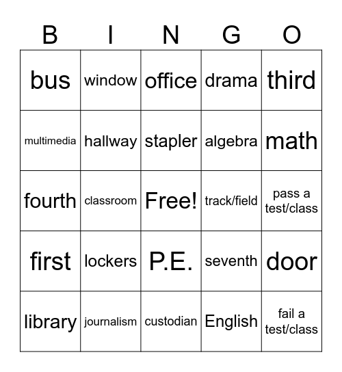 School Vocab. Bingo Card