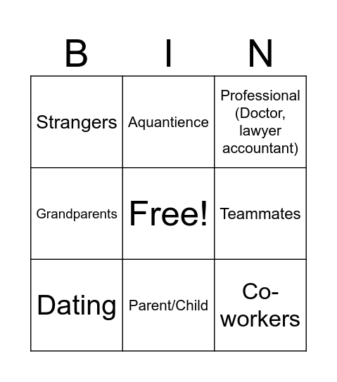 Relationships Bingo Card