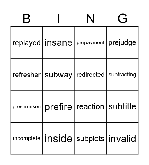re-, sub-, pre-, un- Bingo Card