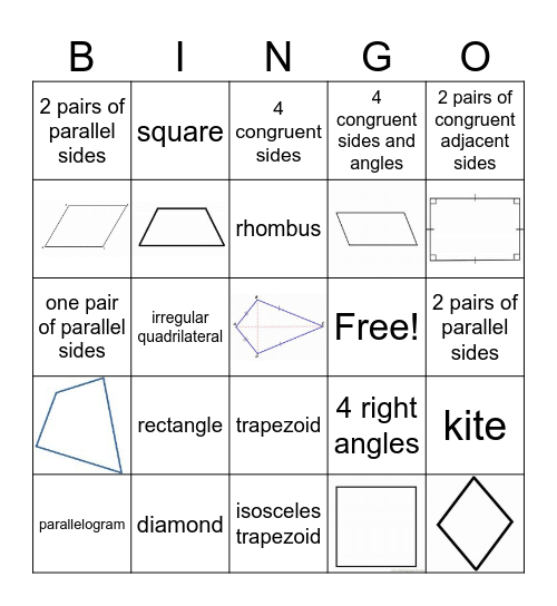 Quadrilateral Bingo 10-1 Bingo Card
