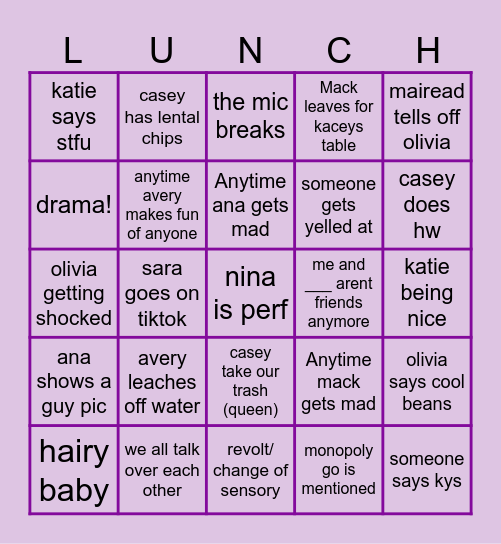 Lunchtime Bingo Card