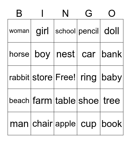 Nouns Bingo Card