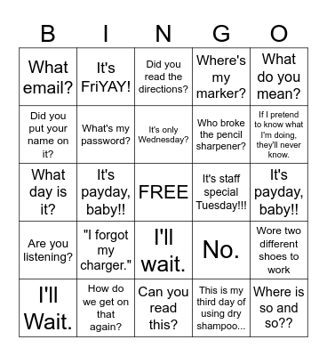 Funny Teacher Phrases Bingo Card