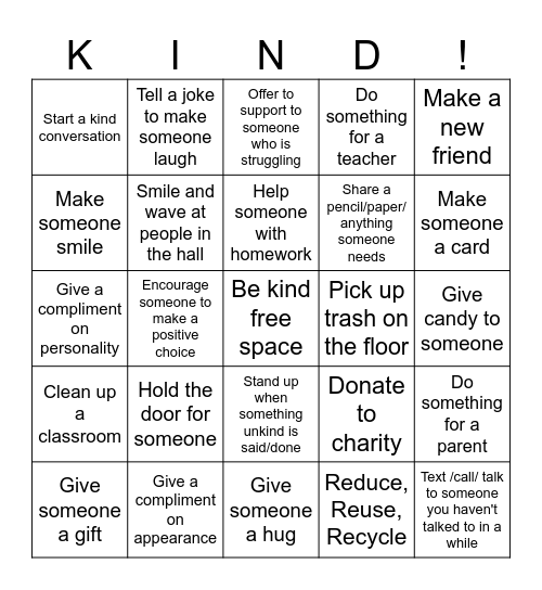 Kindness Counts Bingo Card