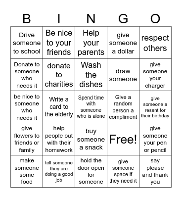 Random acts of kindness BINGO Card