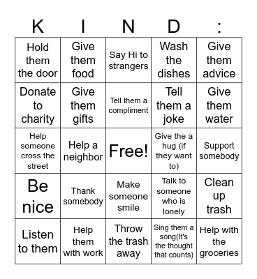 Random acts of kindness Bingo Card