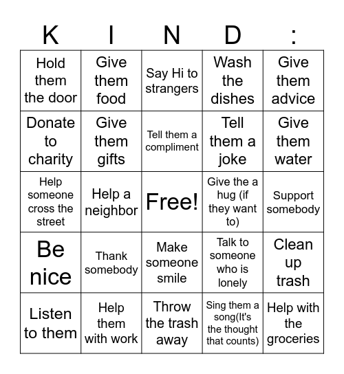 Random acts of kindness Bingo Card