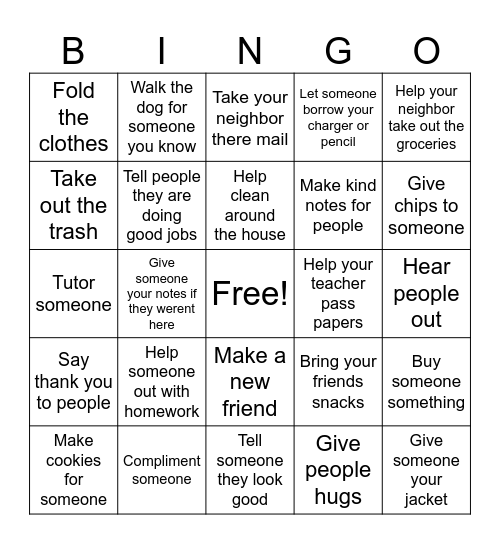 Acts of kindness Bingo Card