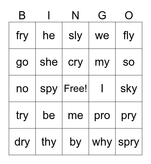 Open Syllables Bingo Card