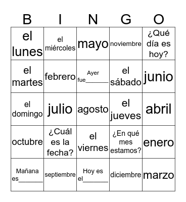 El calendario (The calendar) Bingo Card