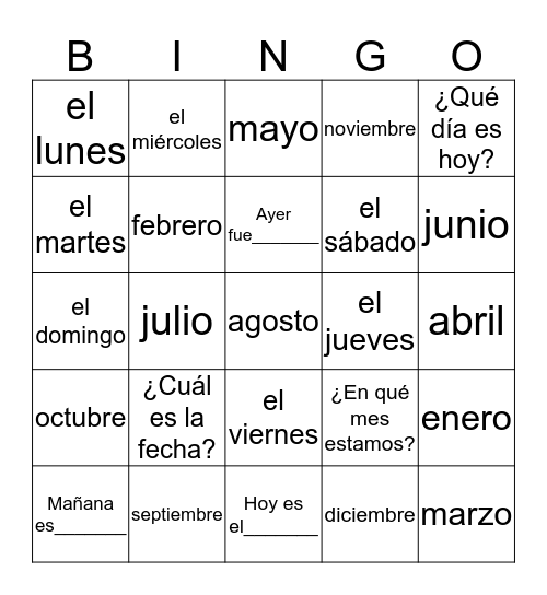 El calendario (The calendar) Bingo Card