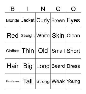 Adjectives Bingo Card