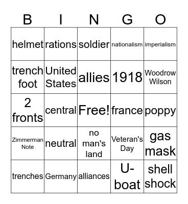 World War 1 reveiw Bingo Card