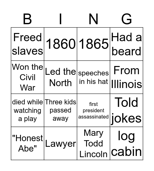 Abraham Lincoln Bingo Card