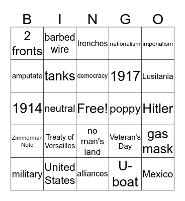 World War 1 reveiw Bingo Card