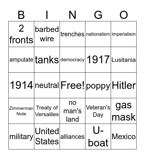 World War 1 reveiw Bingo Card