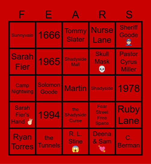 the Fear Street trilogy Bingo Card