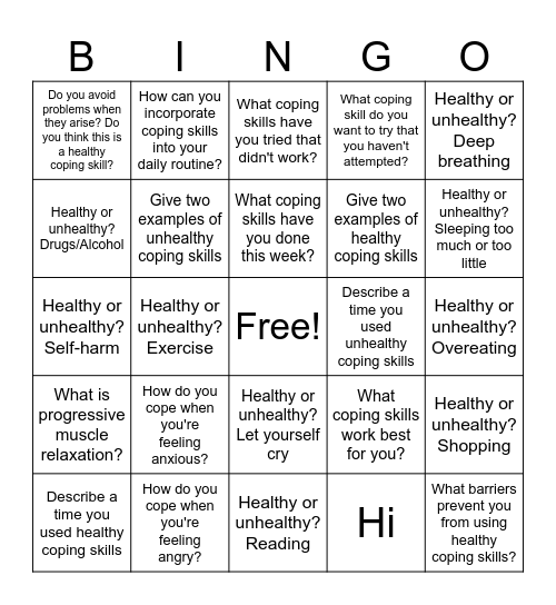 Coping Skills Bingo Card