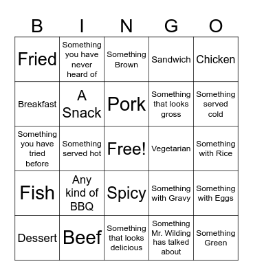 Regional Food Bingo Card