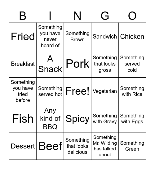 Regional Food Bingo Card