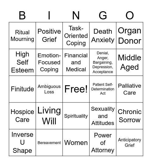 Death and Loss Bingo Card