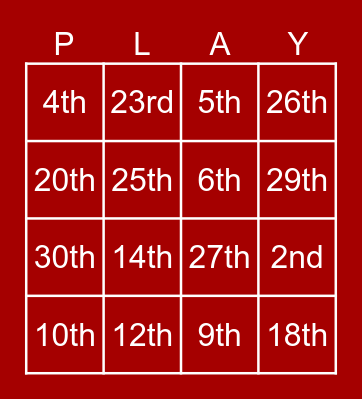 Ordinal Numbers Bingo Card
