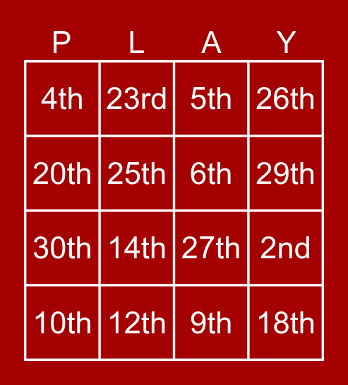 Ordinal Numbers Bingo Card