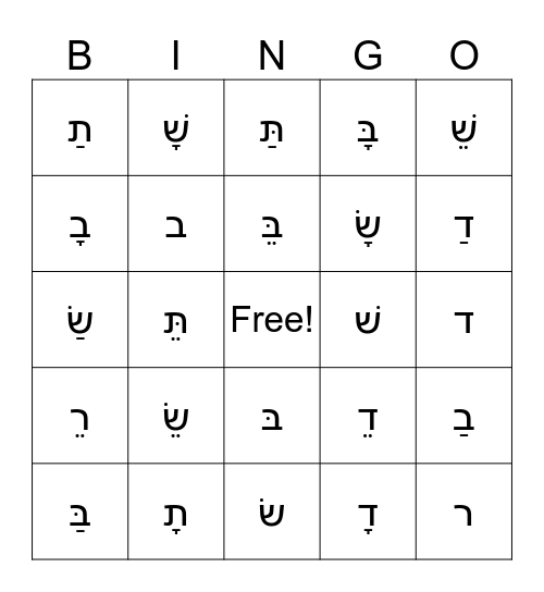 Hebrew Letters and Vowels Bingo Card