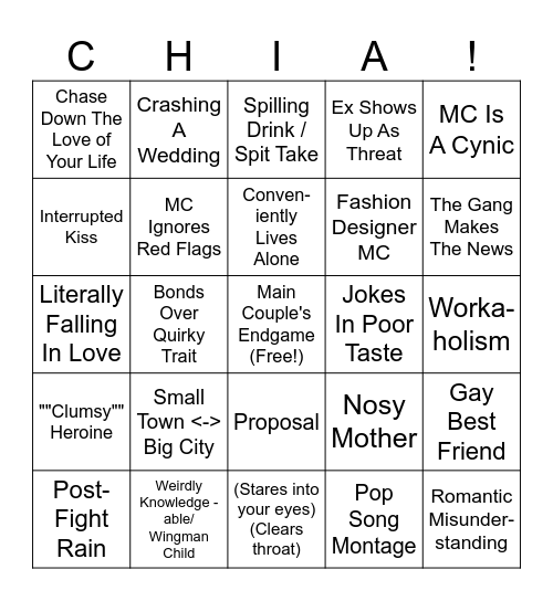 Romcom Bingo Card