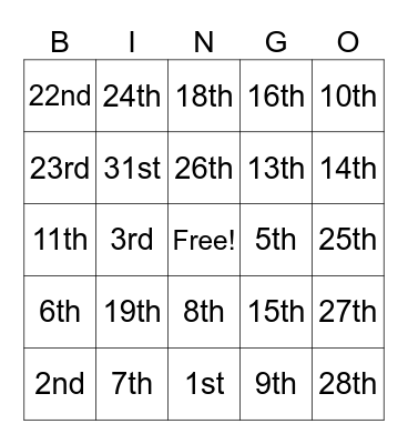 Ordinal Numbers Bingo Card