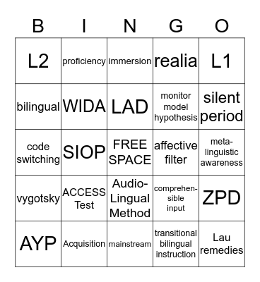 Language Bingo Card