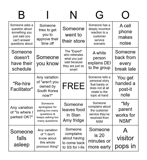 Company Orientation Bingo Card