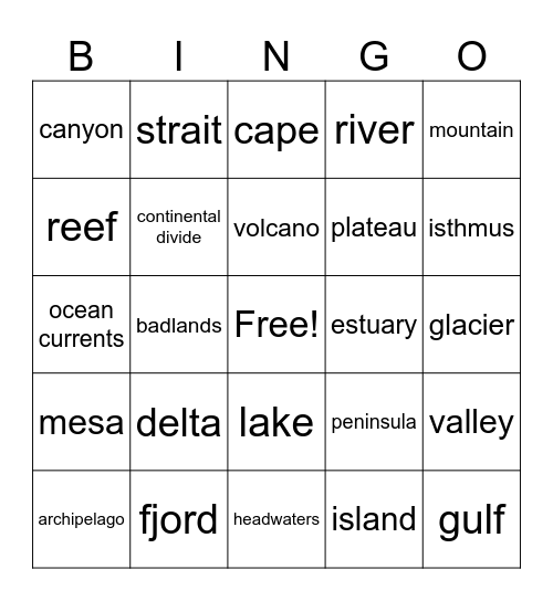 Landforms Bingo Card