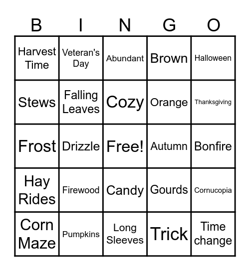 Fall Harvest Bingo Card