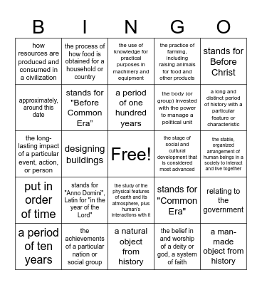 Historian Vocabulary Bingo Card