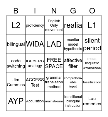 Language Bingo Card