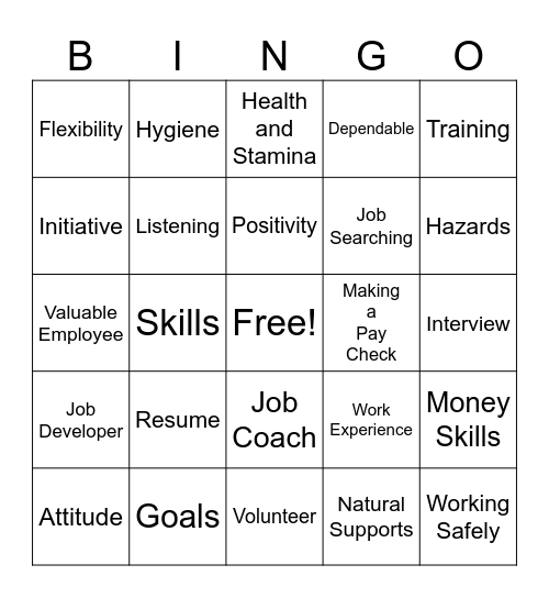 Employment Words Bingo Card