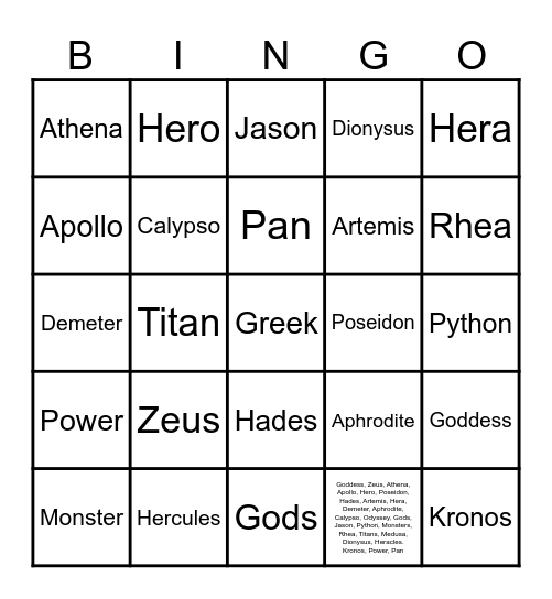 Greek Mythology Bingo Card