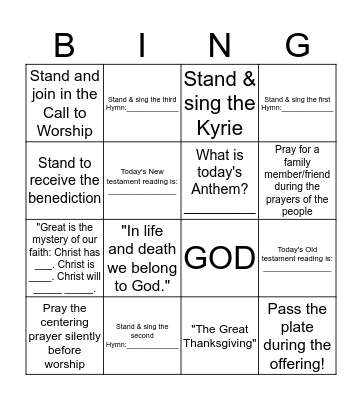 Worship Bingo:  3-13-2016 Bingo Card