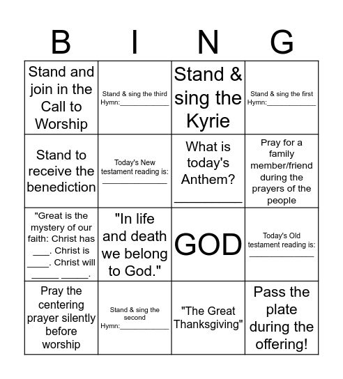 Worship Bingo:  3-13-2016 Bingo Card