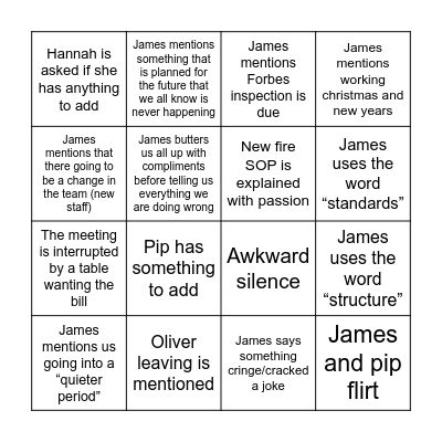 James Staff meeting Bingo Card