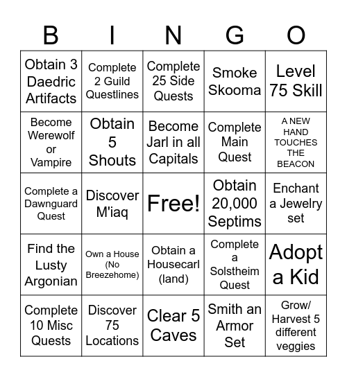 skyrim bingo Card