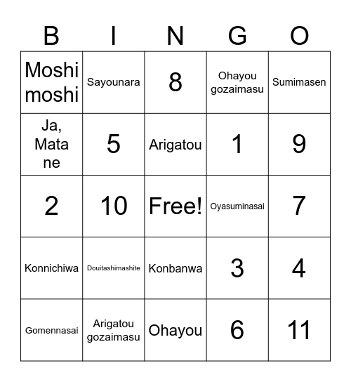 Greeting and expression Bingo Card