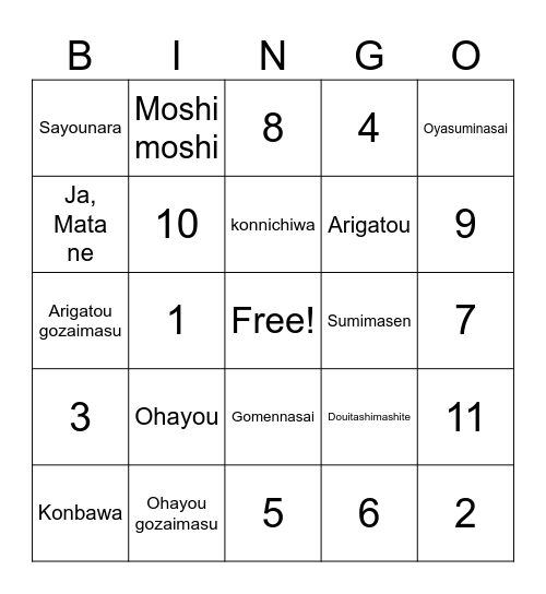 Greeting and expression Bingo Card